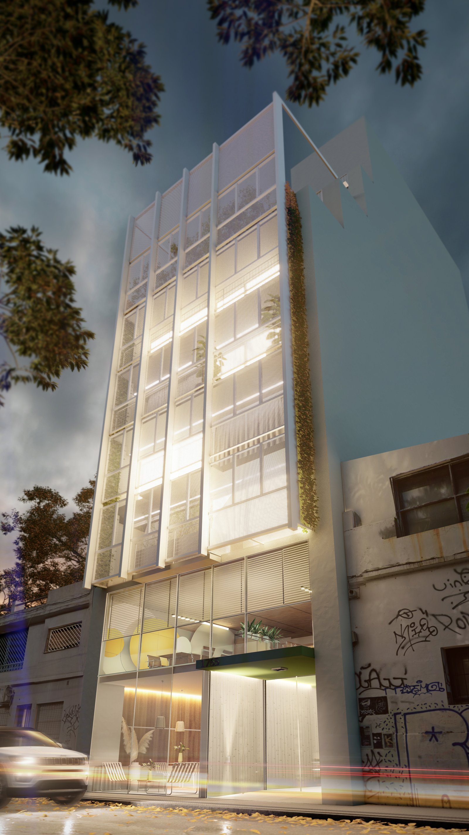 Fachada moderna con jardín vertical y graffiti, de noche — proyecto Edificio Atacalco, por LW Lopez Wolder arquitectos, en Atacalco 1765